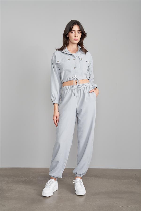 Çetinkaya Fithit 1134 Kadın Uzun Kol Crop Gömlek Jogger Pantolon İkili Takım Gri