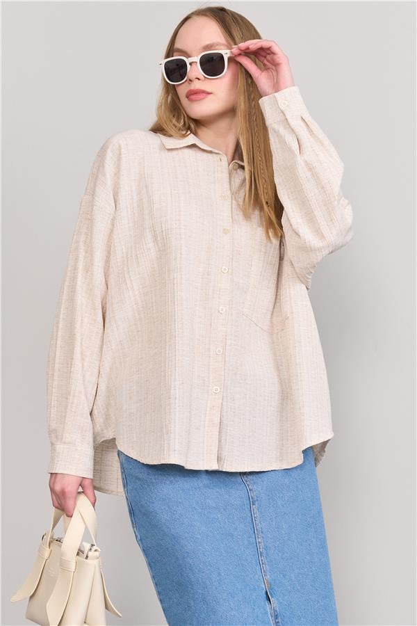 Çetinkaya Fithit 1333 Kadın Uzun Kol Maya Keten Oversize Gömlek Natural