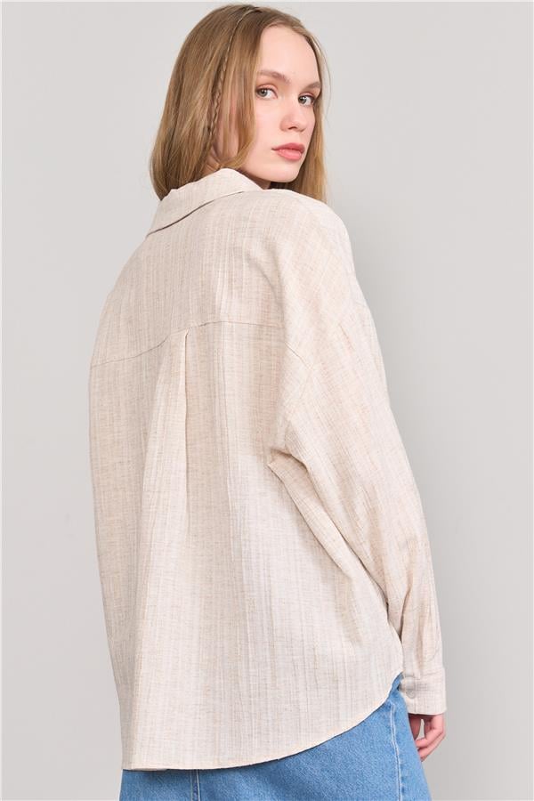 Çetinkaya Fithit 1333 Kadın Uzun Kol Maya Keten Oversize Gömlek Natural