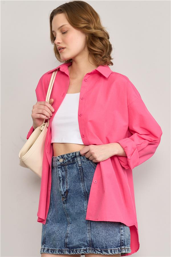 Çetinkaya Fithit 1422 Kadın Uzun Kol Poplin Oversize Gömlek Pembe