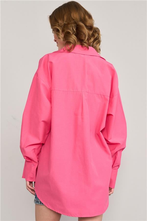 Çetinkaya Fithit 1422 Kadın Uzun Kol Poplin Oversize Gömlek Pembe