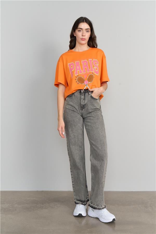 Çetinkaya Fithit 3152 Kadın Bisiklet Yaka Penye Oversize T-Shirt Orange