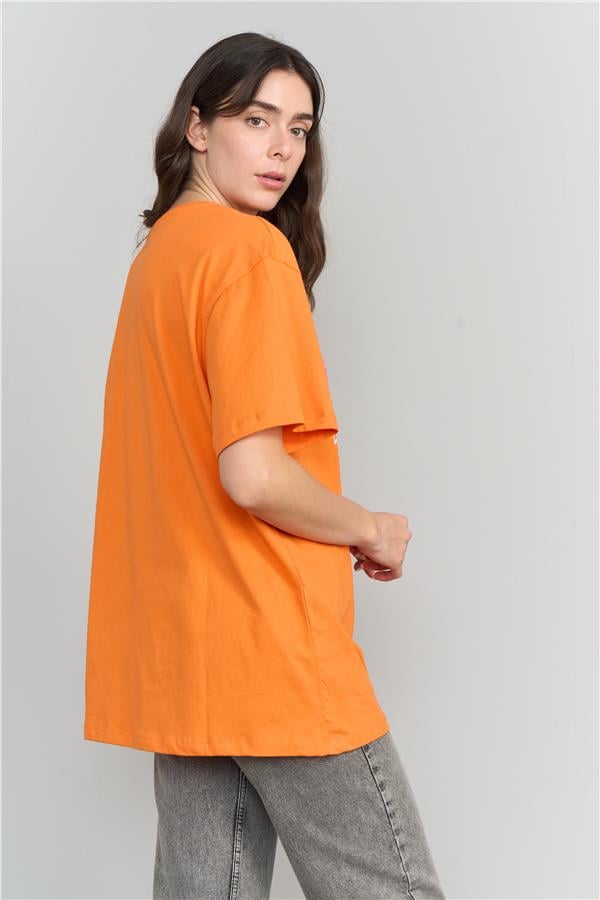 Çetinkaya Fithit 3152 Kadın Bisiklet Yaka Penye Oversize T-Shirt Orange