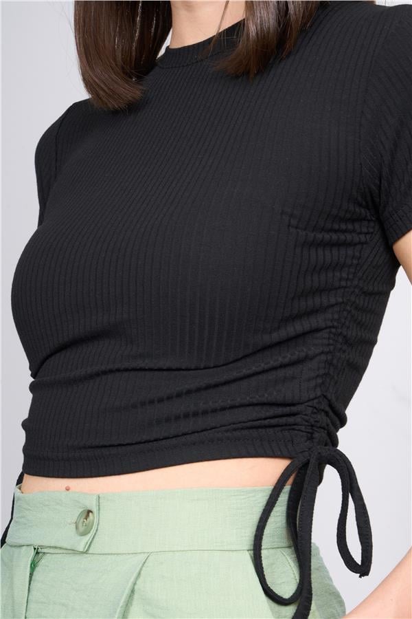 Çetinkaya Fithit 3244 Bisiklet Yaka Penye Crop T-shirt Siyah