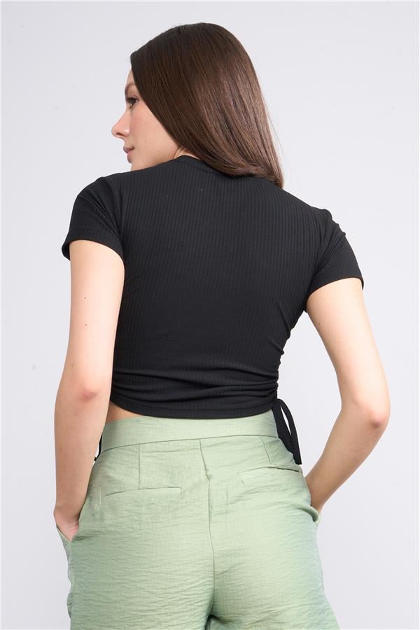 Çetinkaya Fithit 3244 Bisiklet Yaka Penye Crop T-shirt Siyah