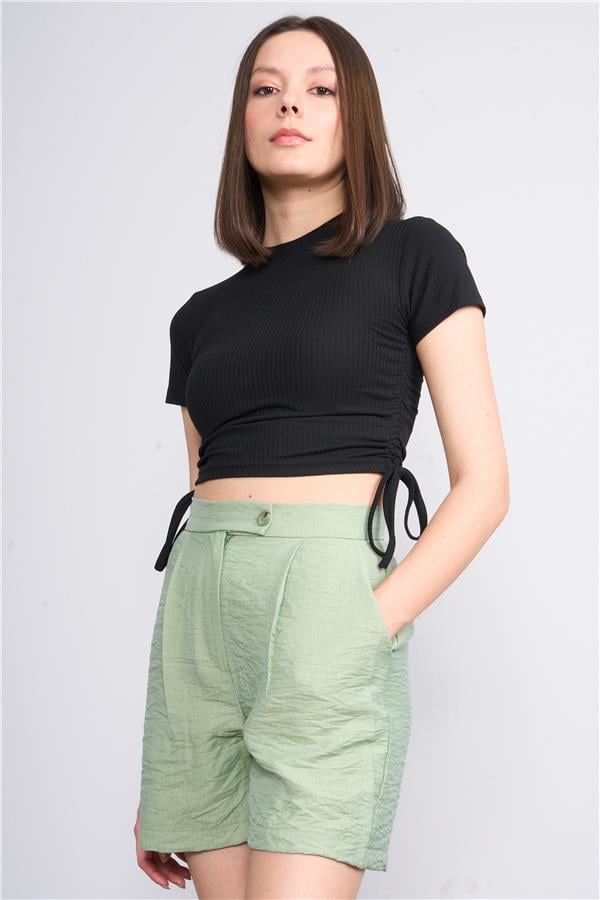 Çetinkaya Fithit 3244 Bisiklet Yaka Penye Crop T-shirt Siyah