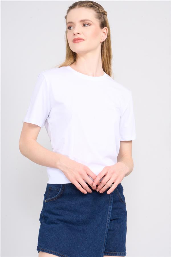 Çetinkaya Fithit 3264 Bayan Bisiklet Yaka Basic T-shirt Beyaz