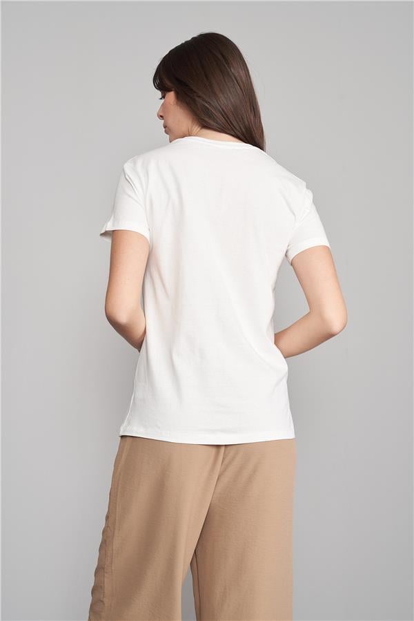 Çetinkaya Fithit 3264 Bayan Bisiklet Yaka Basic T-shirt Ekru