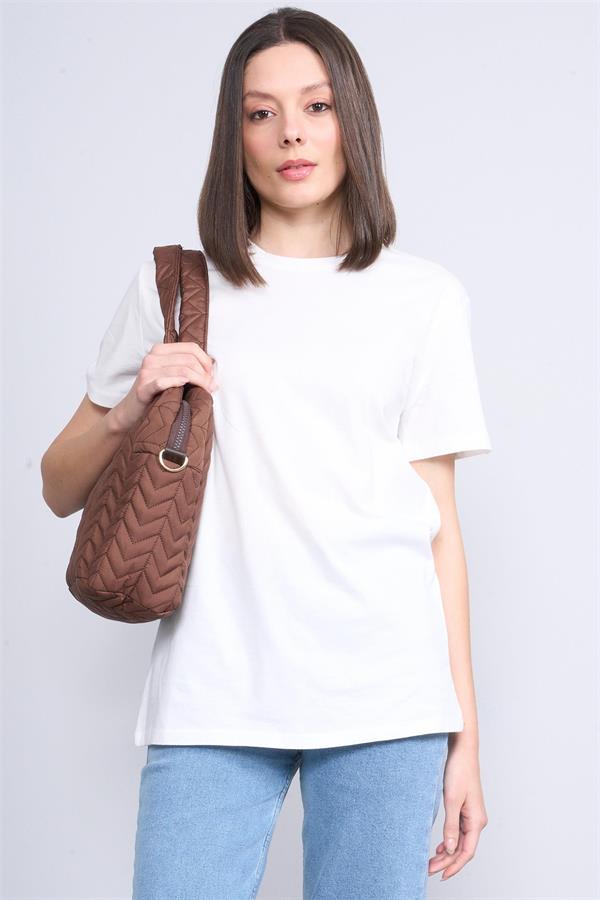 Çetinkaya Fithit 3264 Bayan Bisiklet Yaka Basic T-shirt Krem