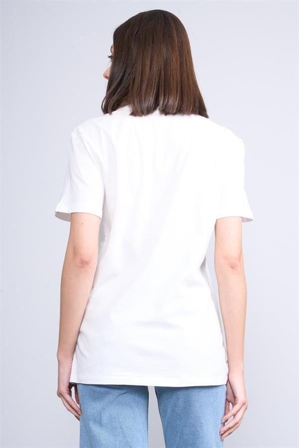 Çetinkaya Fithit 3264 Bayan Bisiklet Yaka Basic T-shirt Krem