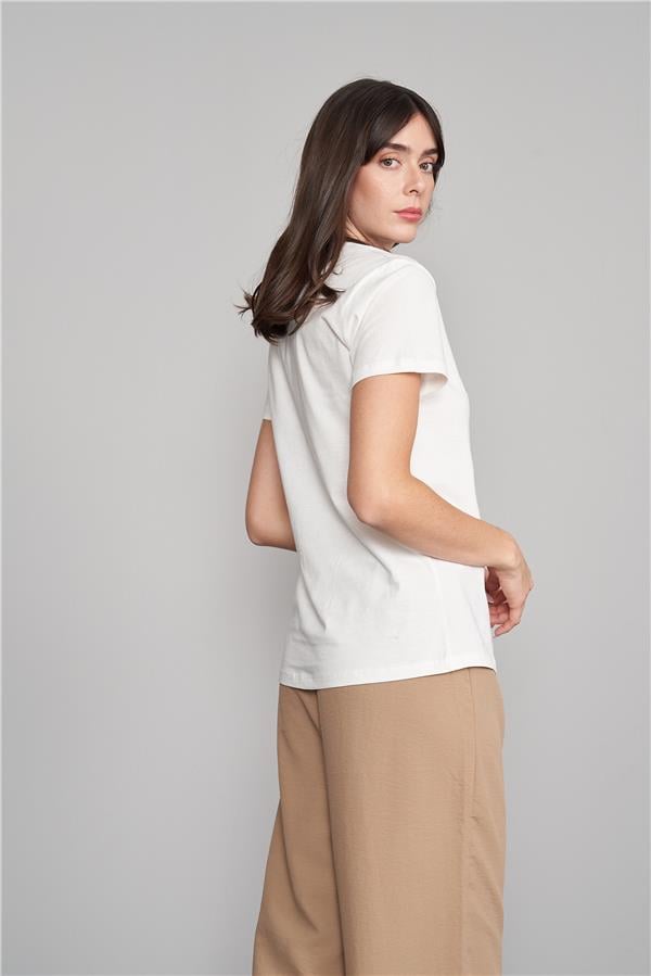 Çetinkaya Fithit 3264 Bayan Bisiklet Yaka Basic T-shirt Ekru