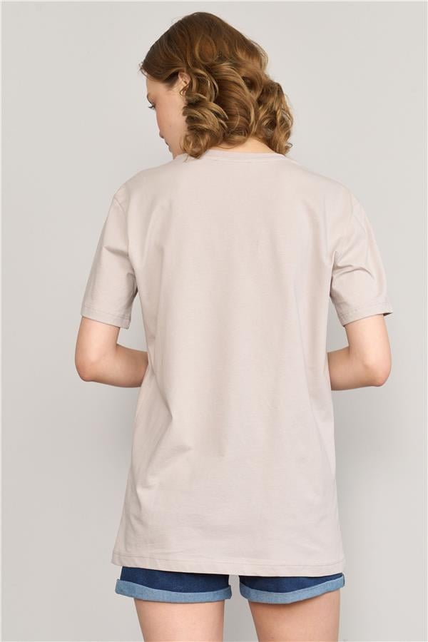 Çetinkaya Fithit 3264 Bayan Bisiklet Yaka Basic T-shirt Vizon