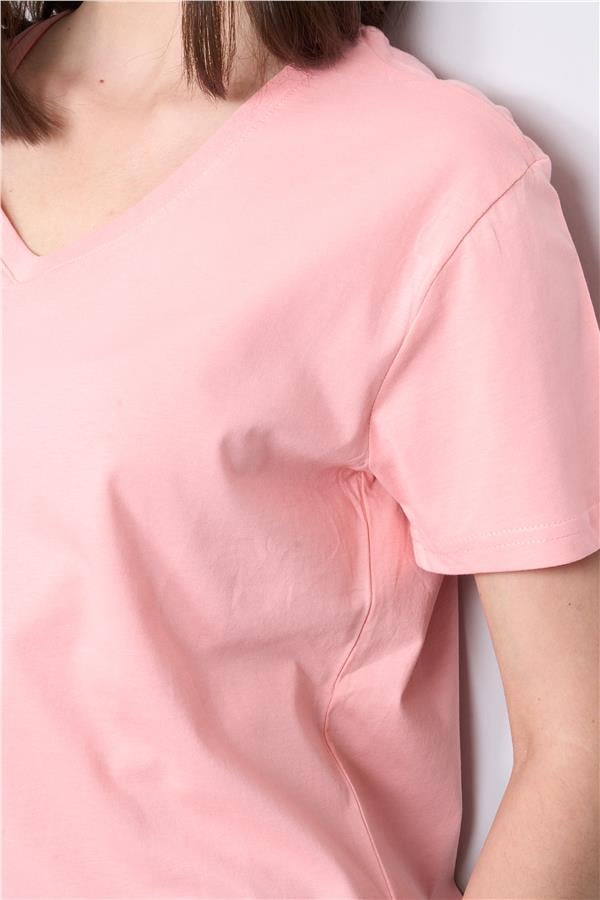 Çetinkaya Fithit 3265 Bayan V Yaka Basic T-shirt Açık Somon