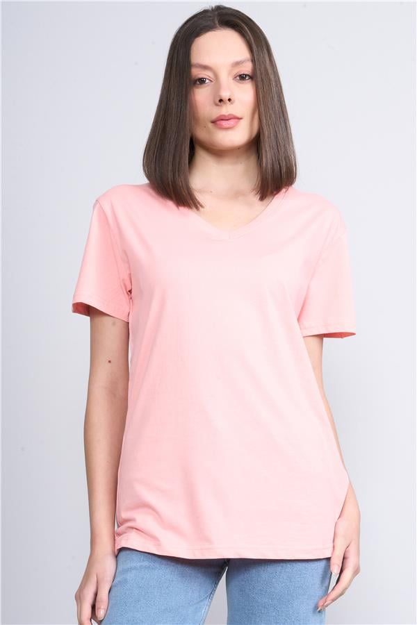 Çetinkaya Fithit 3265 Bayan V Yaka Basic T-shirt Açık Somon