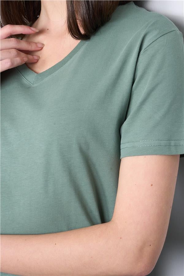 Çetinkaya Fithit 3265 Bayan V Yaka Basic T-shirt Haki