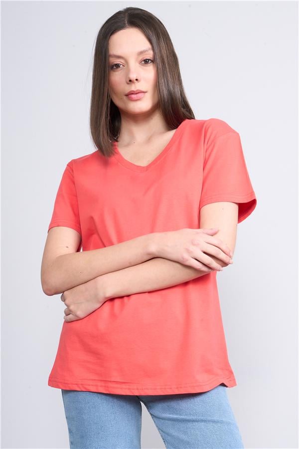Çetinkaya Fithit 3265 Bayan V Yaka Basic T-shirt Nar Çiçeği