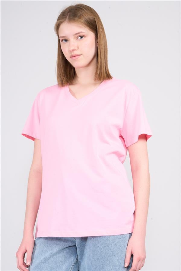Çetinkaya Fithit 3265 Bayan V Yaka Basic T-shirt Açık Pembe