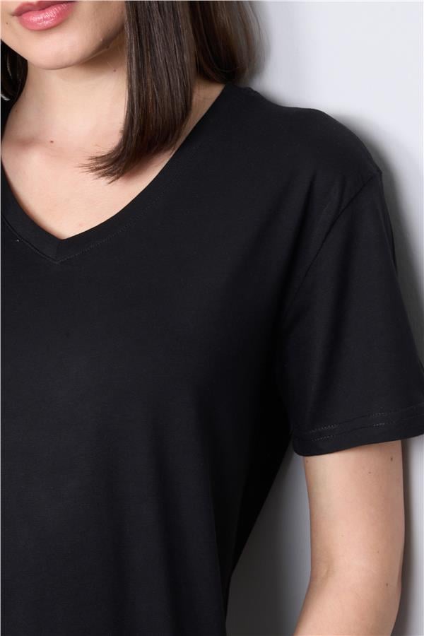 Çetinkaya Fithit 3265 Bayan V Yaka Basic T-shirt Çağla Siyah