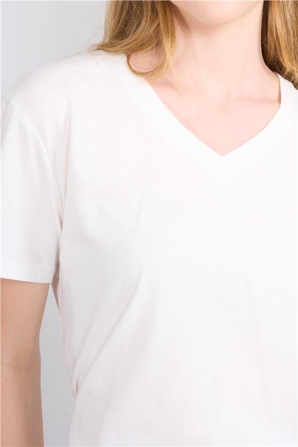 Çetinkaya Fithit 3265 Bayan V Yaka Basic T-shirt Krem