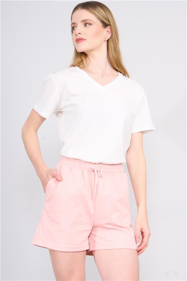 Çetinkaya Fithit 3265 Bayan V Yaka Basic T-shirt Krem