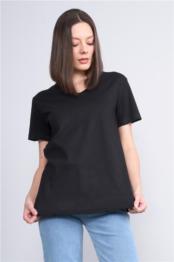 Çetinkaya Fithit 3265 Bayan V Yaka Basic T-shirt Çağla Siyah