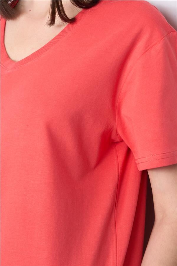 Çetinkaya Fithit 3265 Bayan V Yaka Basic T-shirt Nar Çiçeği