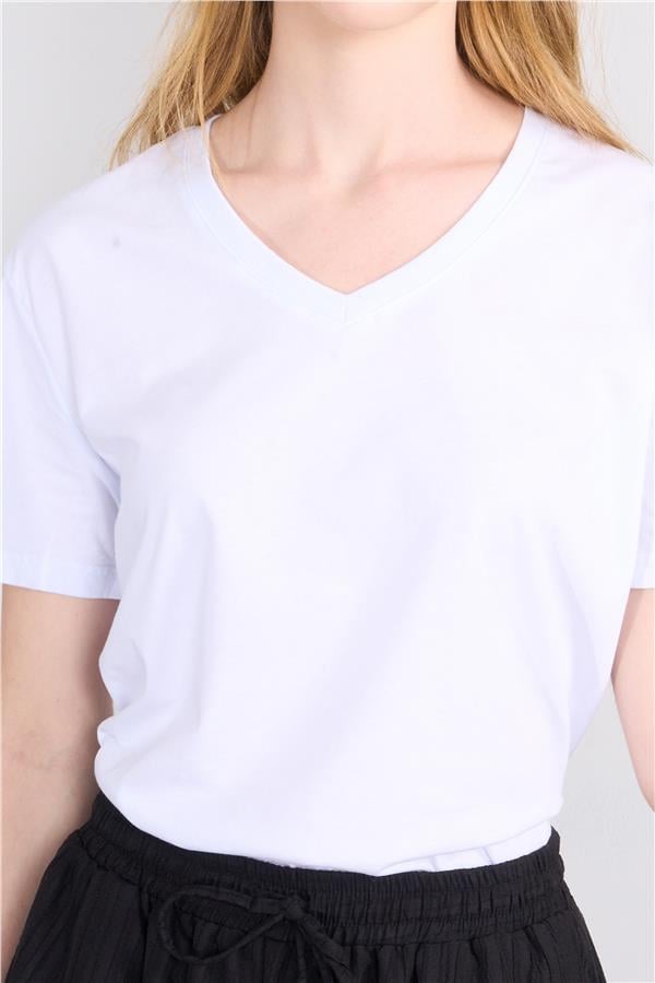 Çetinkaya Fithit 3265 Bayan V Yaka Basic T-shirt Çağla Beyaz