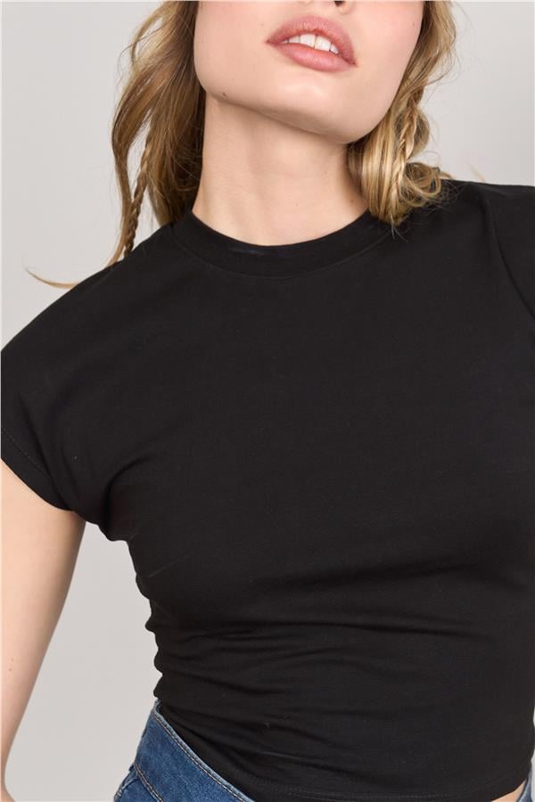 Çetinkaya Fithit 3266 Bayan Bisiklet Yaka 30/1 Compact Penye Süprem Crop T-shirt Siyah