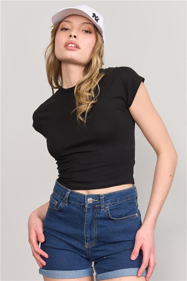 Çetinkaya Fithit 3266 Bayan Bisiklet Yaka 30/1 Compact Penye Süprem Crop T-shirt Siyah