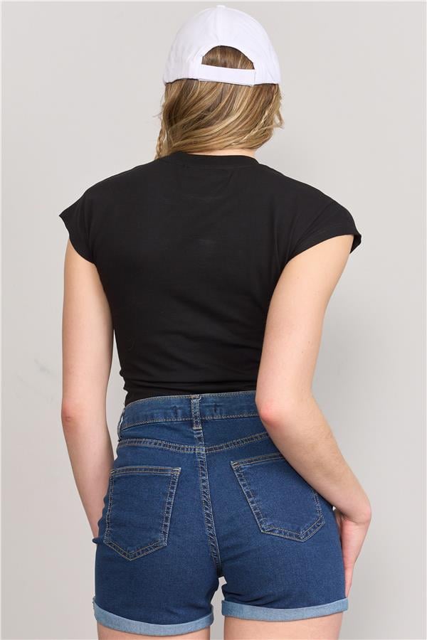 Çetinkaya Fithit 3266 Bayan Bisiklet Yaka 30/1 Compact Penye Süprem Crop T-shirt Siyah