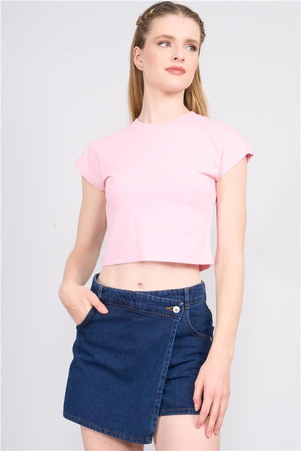 Çetinkaya Fithit 3266 Bayan Bisiklet Yaka 30/1 Compact Penye Süprem Crop T-shirt Şeker Pembe