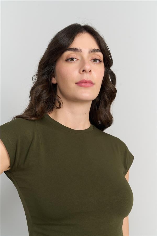 Çetinkaya Fithit 3266 Kadın Bisiklet Yaka Penye Basic Crop T-Shirt Açık Haki