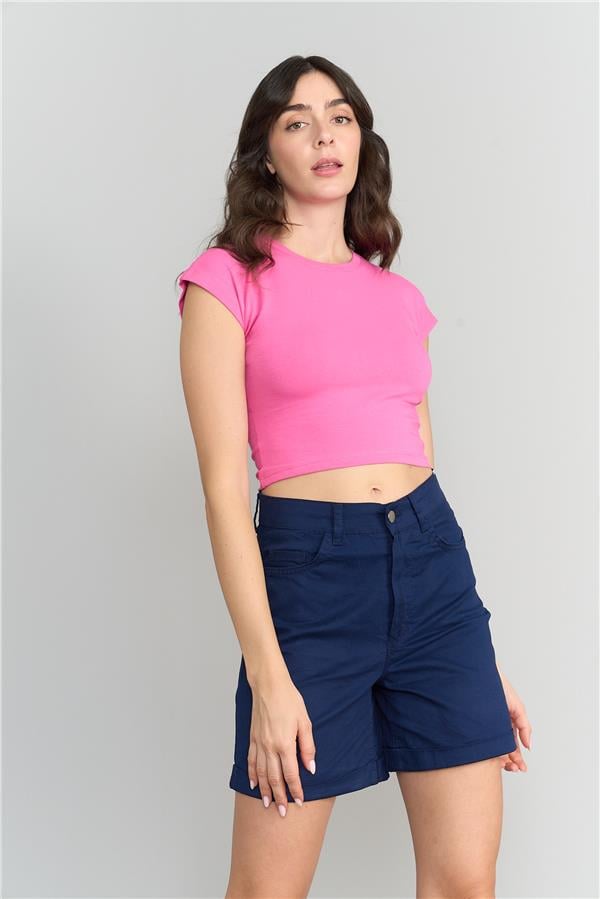 Çetinkaya Fithit 3266 Kadın Bisiklet Yaka Penye Basic Crop T-Shirt Fuşya
