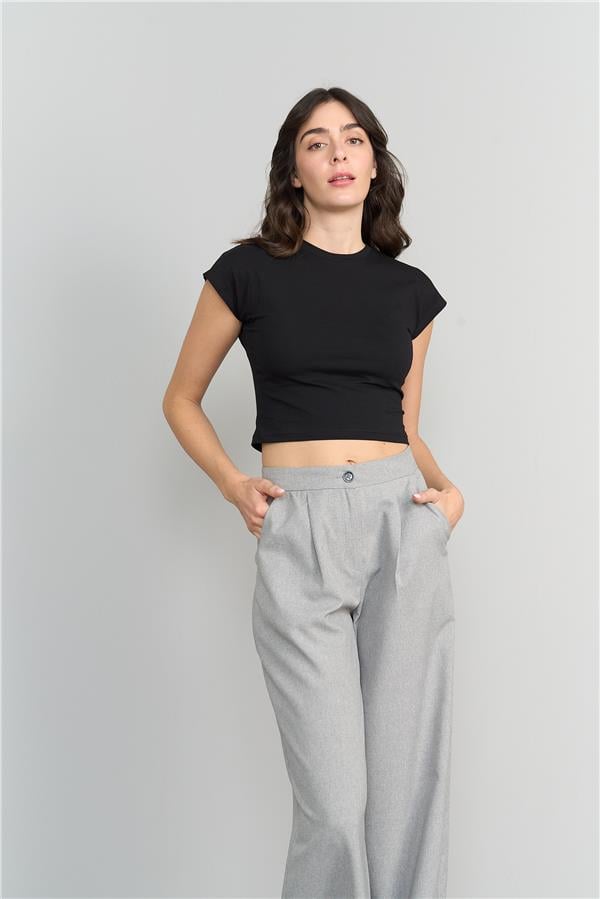Çetinkaya Fithit 3266 Kadın Bisiklet Yaka Penye Basic Crop T-Shirt Siyah