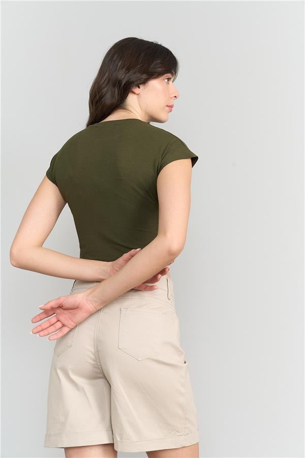 Çetinkaya Fithit 3266 Kadın Bisiklet Yaka Penye Basic Crop T-Shirt Açık Haki
