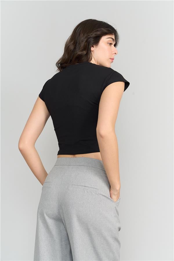 Çetinkaya Fithit 3266 Kadın Bisiklet Yaka Penye Basic Crop T-Shirt Siyah