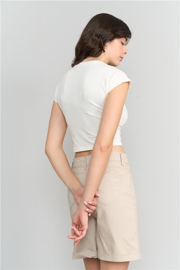 Çetinkaya Fithit 3266 Kadın Bisiklet Yaka Penye Basic Crop T-Shirt Ekru