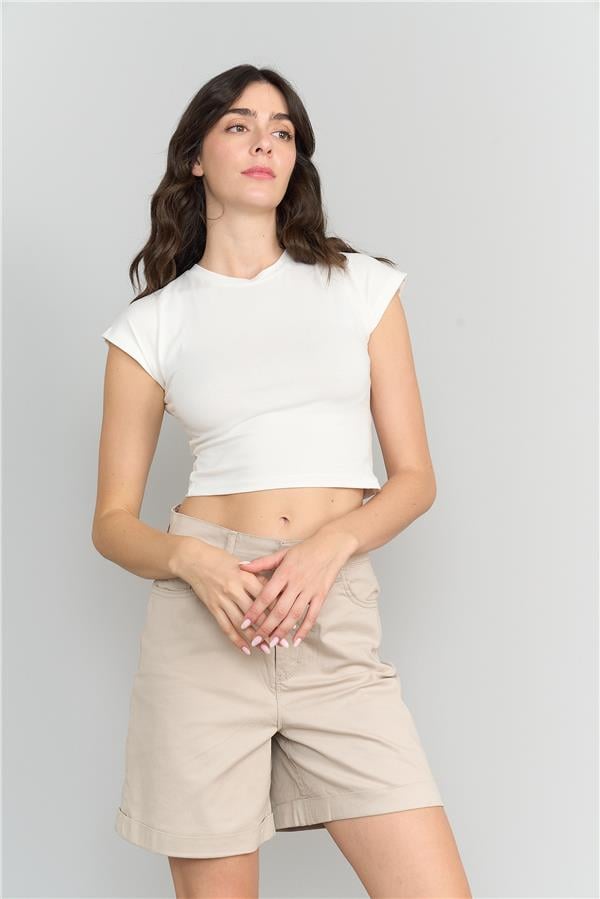 Çetinkaya Fithit 3266 Kadın Bisiklet Yaka Penye Basic Crop T-Shirt Ekru