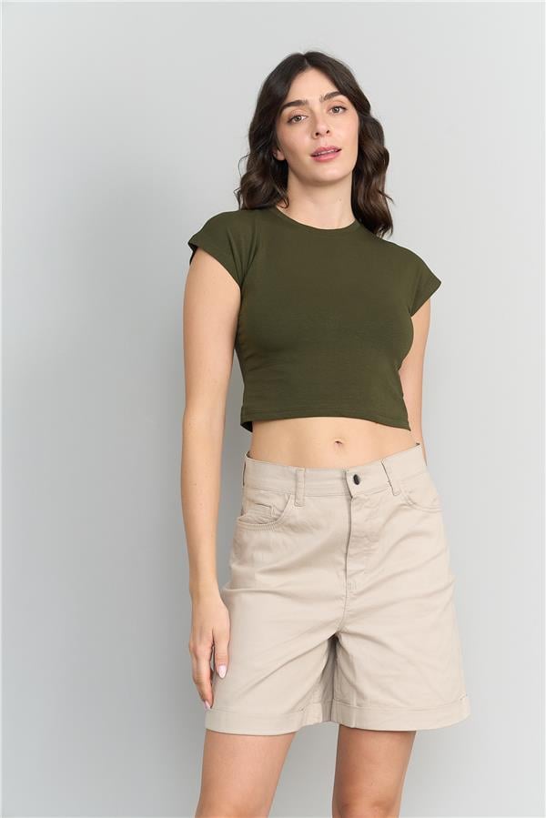 Çetinkaya Fithit 3266 Kadın Bisiklet Yaka Penye Basic Crop T-Shirt Açık Haki