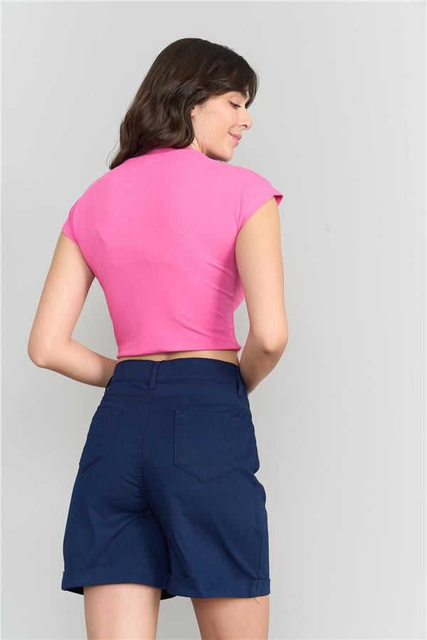 Çetinkaya Fithit 3266 Kadın Bisiklet Yaka Penye Basic Crop T-Shirt Fuşya