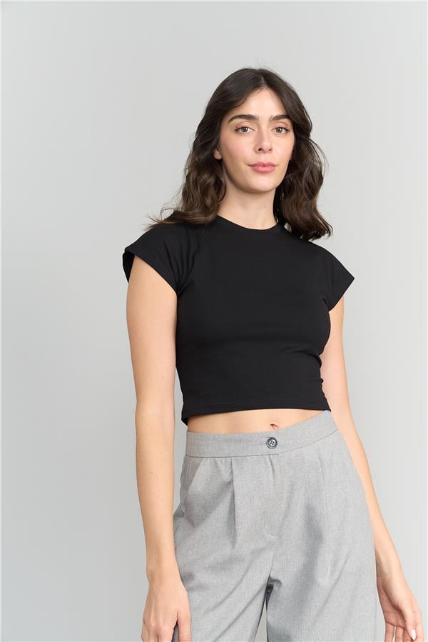 Çetinkaya Fithit 3266 Kadın Bisiklet Yaka Penye Basic Crop T-Shirt Siyah