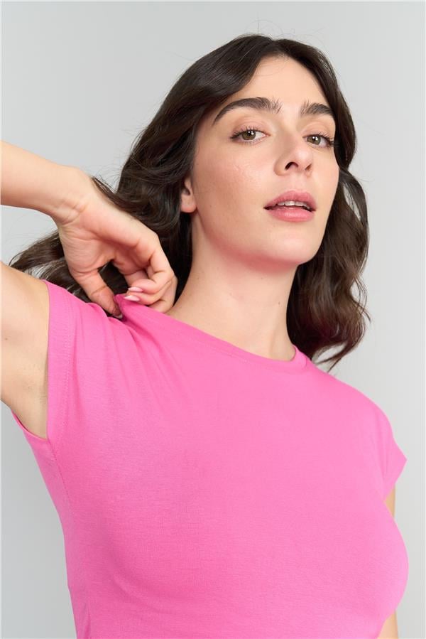Çetinkaya Fithit 3266 Kadın Bisiklet Yaka Penye Basic Crop T-Shirt Fuşya