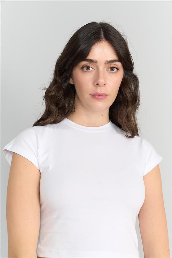 Çetinkaya Fithit 3266 Kadın Bisiklet Yaka Penye Basic Crop T-Shirt Beyaz
