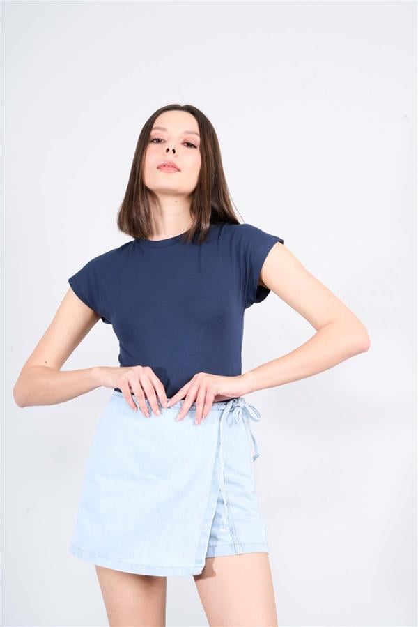 Çetinkaya Fithit 3266A Bayan Bisiklet Yaka 30/1 Likralı Süprem Crop T-shirt Lacivert
