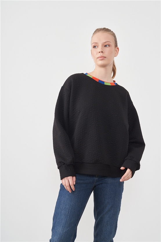Çetinkaya Fithit 3549 Bisiklet Yaka Torba Jakar Kalp Desen Siyah Sweatshirt