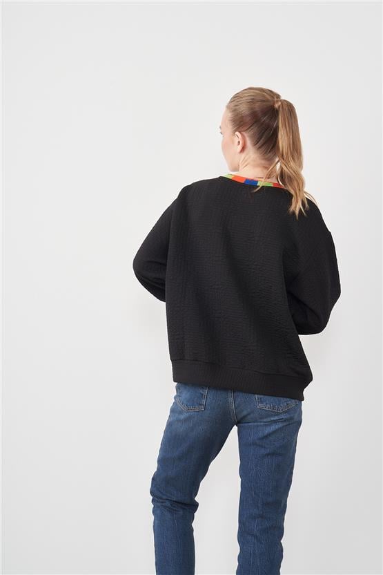Çetinkaya Fithit 3549 Bisiklet Yaka Torba Jakar Kalp Desen Siyah Sweatshirt