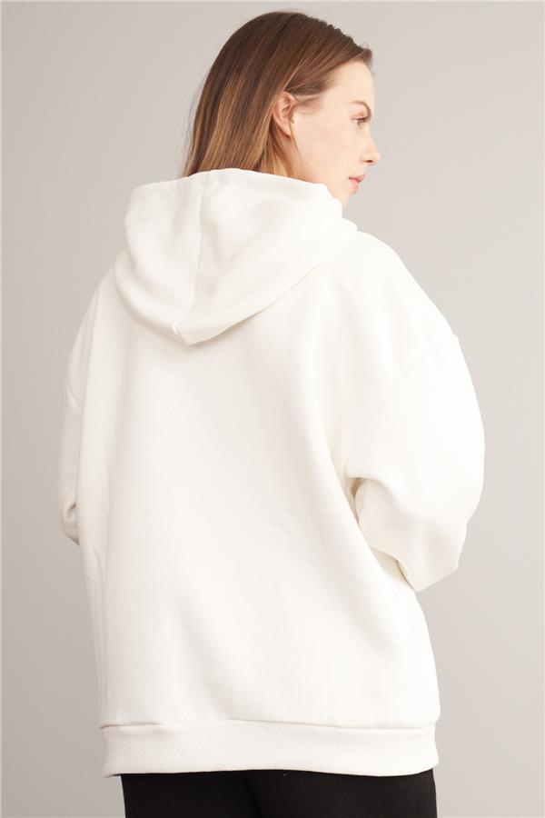 Çetinkaya Fithit 3935 Kadın Kapüşonlu Üç İplik Sweatshirt Krem