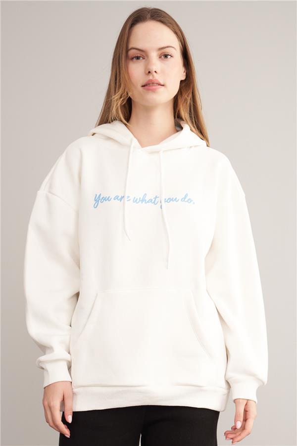 Çetinkaya Fithit 3935 Kadın Kapüşonlu Üç İplik Sweatshirt Krem