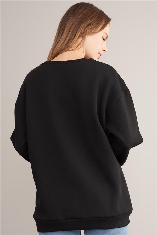 Çetinkaya Fithit 3938 Kadın Bisiklet Yaka Üç İplik Şardonlu Sweatshirt Siyah