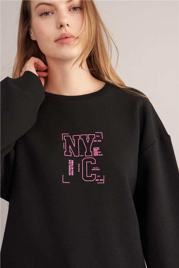 Çetinkaya Fithit 3938 Kadın Bisiklet Yaka Üç İplik Şardonlu Sweatshirt Siyah